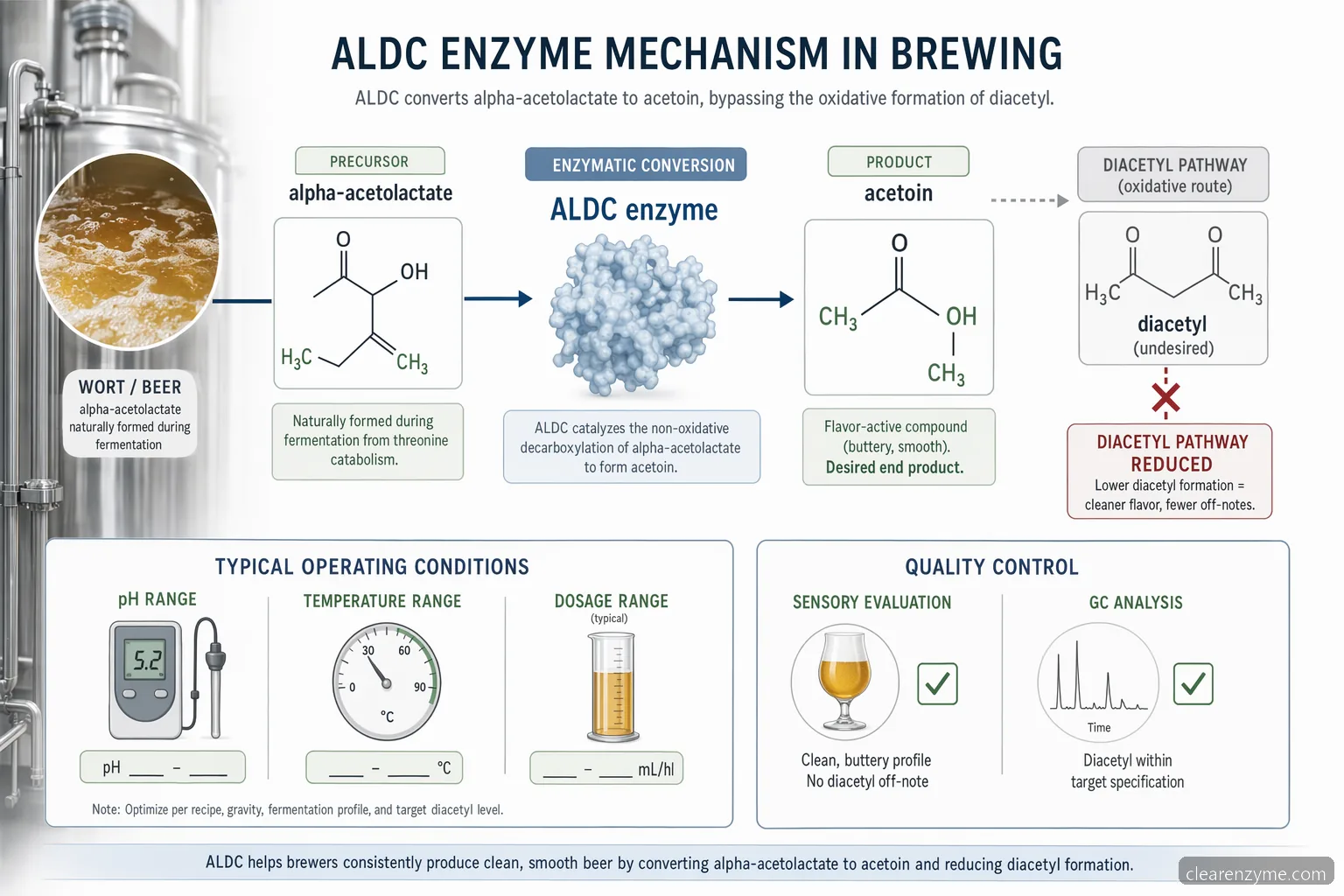 aldc enzyme brewing mechanism showing alpha-acetolactate converted to acetoin to prevent diacetyl formation