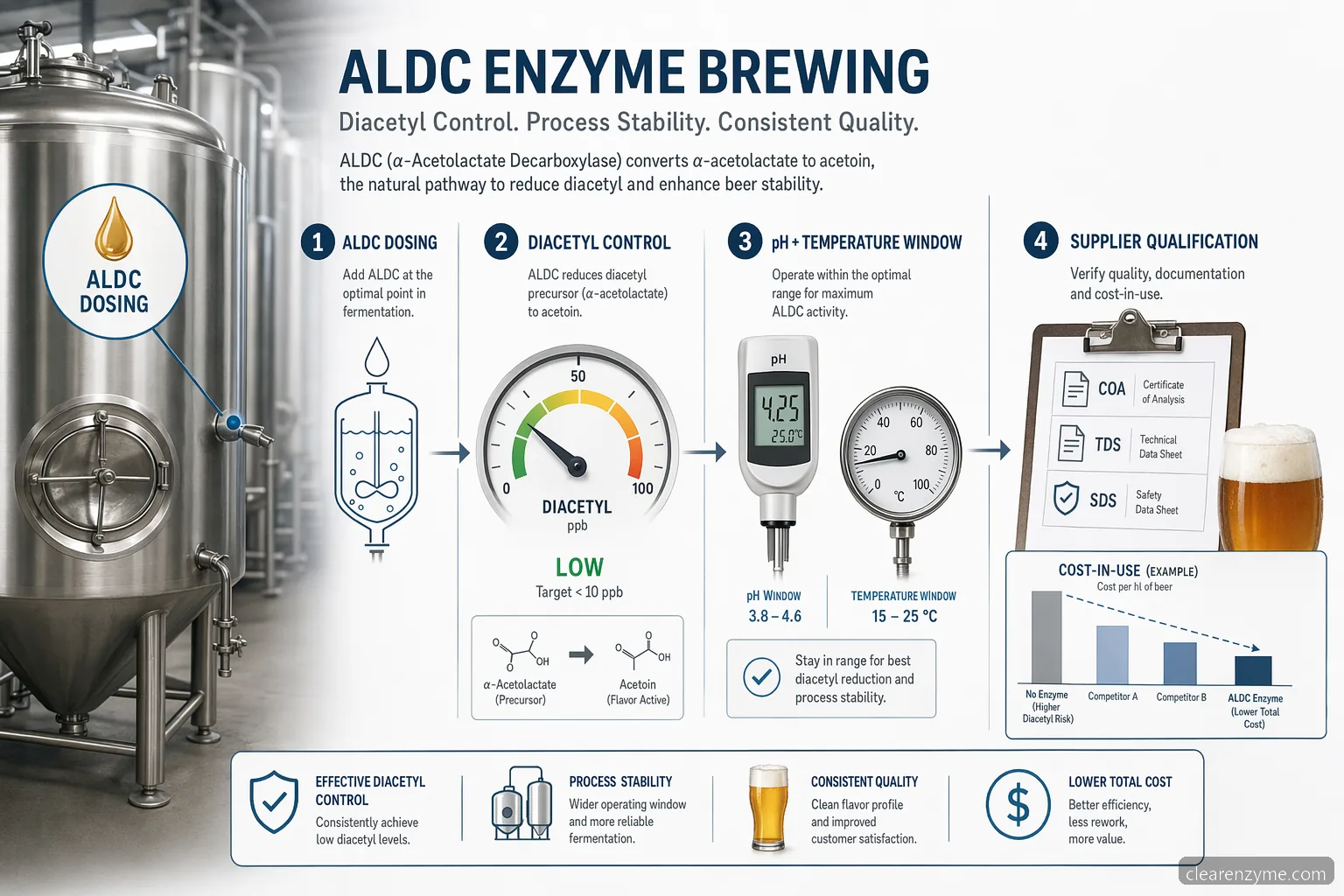 aldc enzyme brewing guide showing diacetyl control, dosage checks, QC tests, and brewery process stability