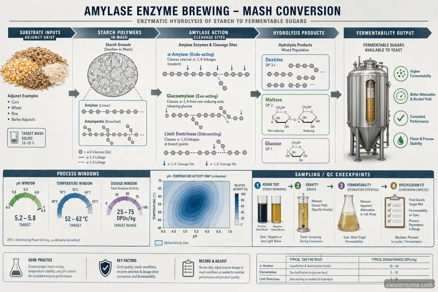 amylase enzyme brewing process diagram showing starch cleavage into sugars with pH, temperature, and validation checkpoints