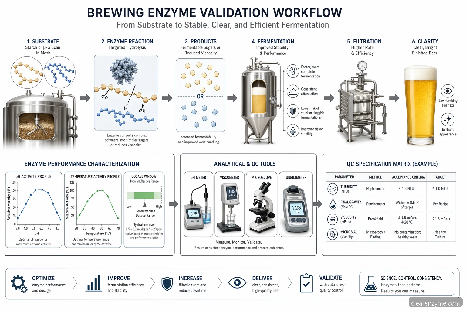 Brewing enzymes process diagram showing pH, temperature, dosage, substrate conversion, and QC validation