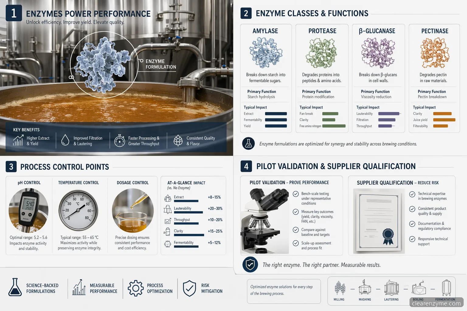 brewing enzymes for sale industrial brewing formulations, showing enzyme types, process controls, pilot QC, supplier checks