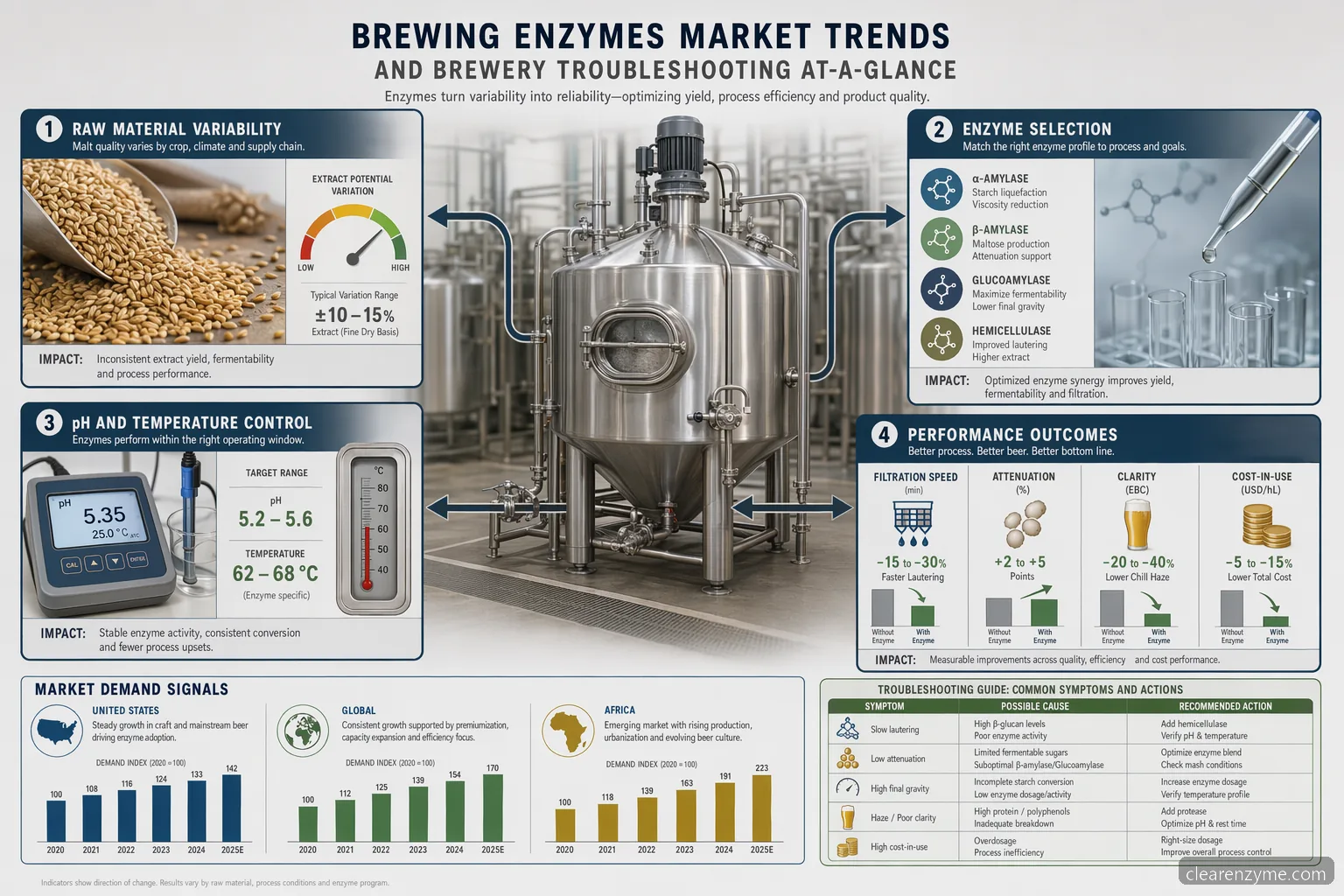 brewing enzymes market trends for brewery troubleshooting, showing enzyme choice, pH, dosage, filtration, and demand signals