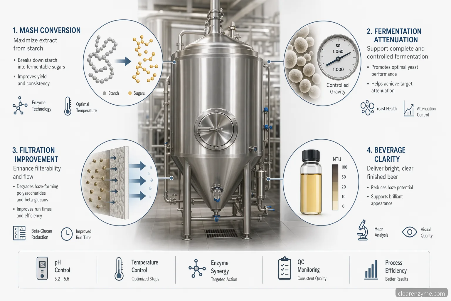 Brewing enzymes guide showing mash conversion, fermentation control, filtration, and clarity checkpoints