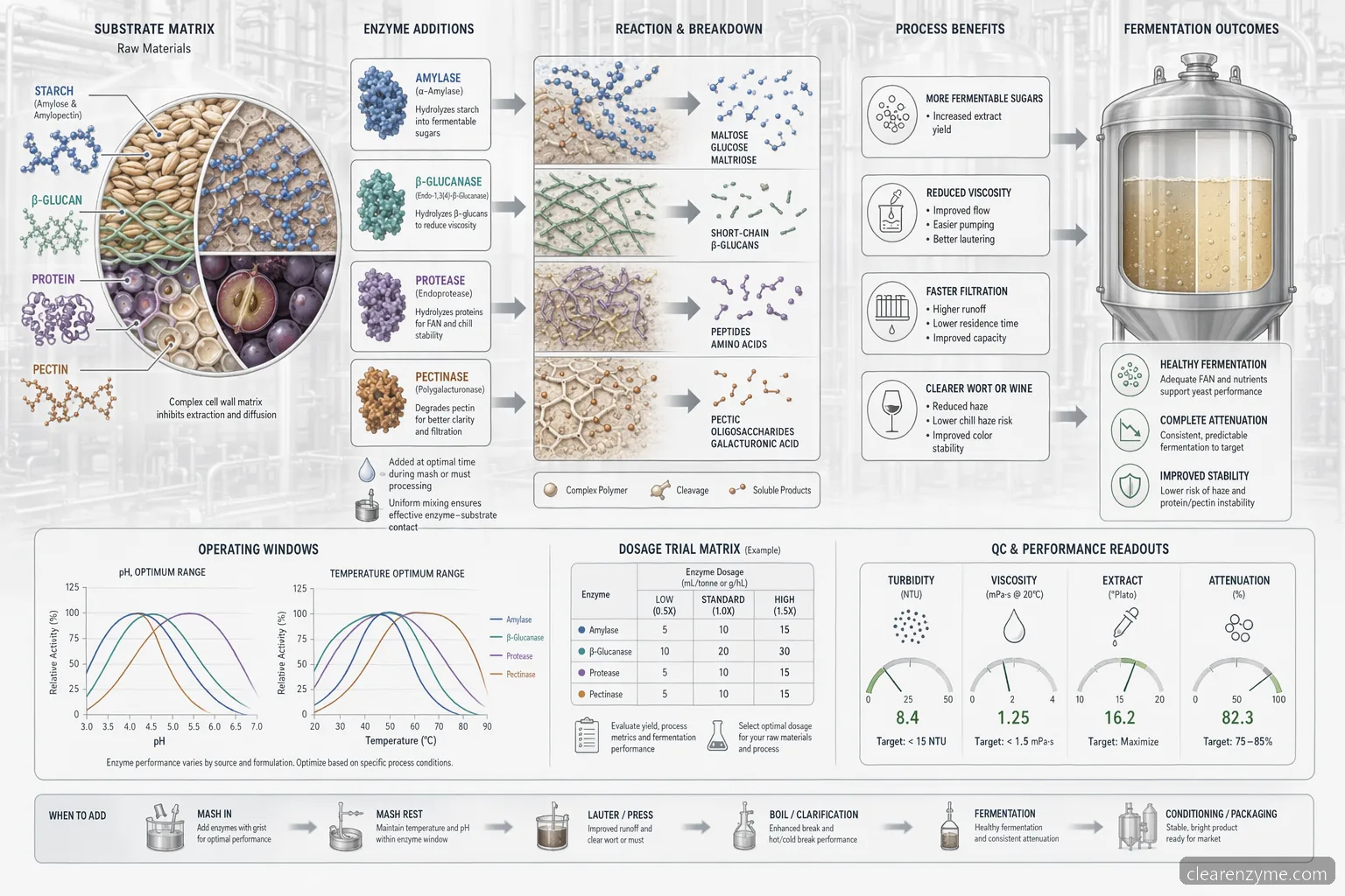 brewing enzymes market supplier guide, process diagram mapping mash enzymes to sugars, viscosity control and clarity